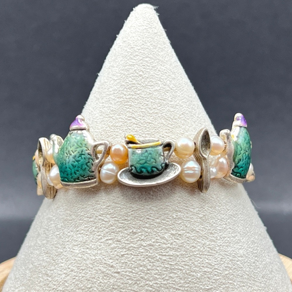 Tea Party Bracelet Silver Tone‎ Green Enamel Teapot Teacup Pearl Cottage